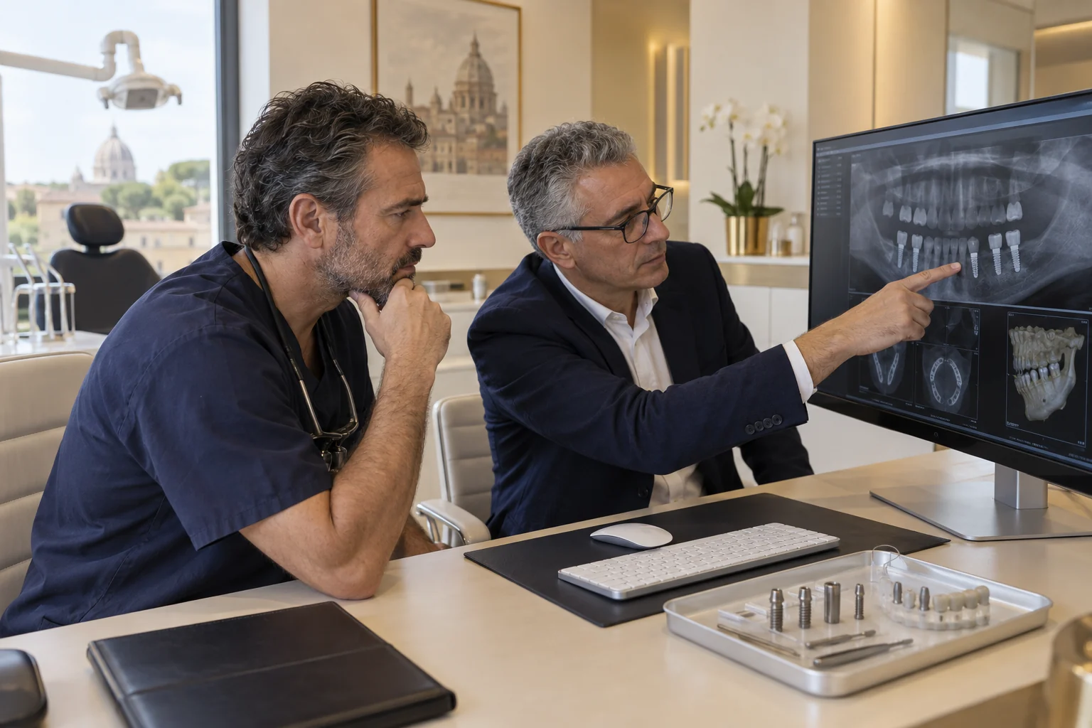 Odontoiatra e specialista durante il confronto su un caso implantare